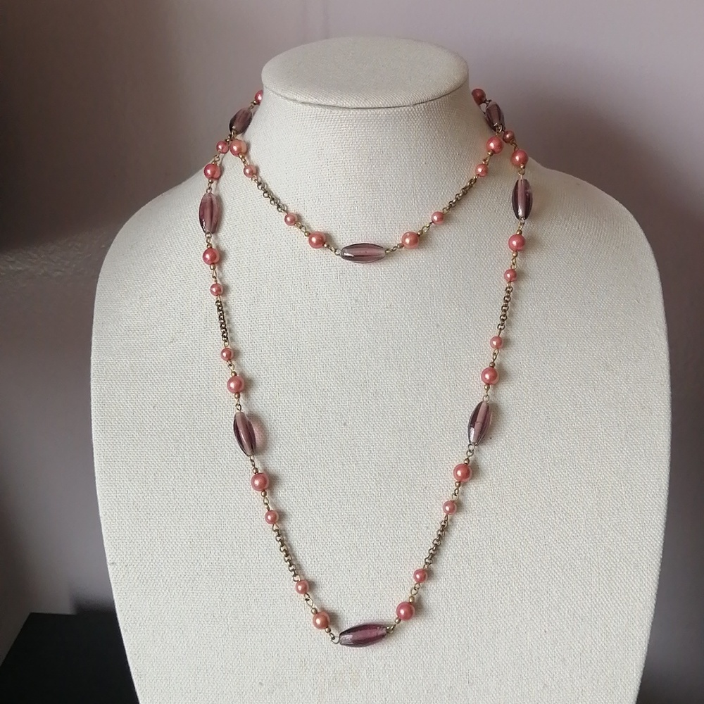 Vintage Art Glass Necklace Purple Pink Faux Pearl Beaded Bronze Chain